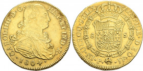 COLOMBIA, Colonial. Carlos IV, king of Spain, 1788-1808. 8 Escudos (Gold, 37 mm, 27.00 g, 12 h), Popayán, 1804. CAROL•IIII•D•G• HISP•ET IND•R• / •1804...