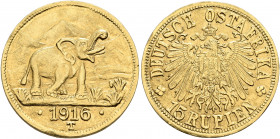 COLONIAL AFRICA, German. Deutsch-Ostafrika (German East Africa). Wilhelm II, 1888-1918. 15 Rupien (Gold, 22 mm, 7.13 g, 12 h), Tabora, 1916. Elephant ...