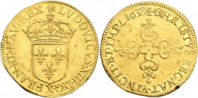 FRANCE, Royal. Louis XIII le Juste (the Just), 1610–1643. Écu d'or au soleil (Gold, 26 mm, 3.34 g, 10 h), Amiens, 1638. LVDOVICVS XIII•D:G FRAN•ET•NAV...