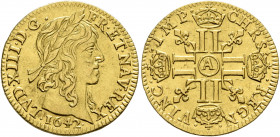 FRANCE, Royal. Louis XIII le Juste (the Just), 1610–1643. Demi-Louis d'or à la mèche courte (Gold, 20 mm, 3.33 g, 6 h), Paris, 1642. LVD•XIII•D•G• FR•...