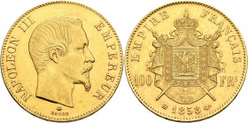FRANCE, Second Empire. Napoléon III, 1852-1870. 100 Francs (Gold, 35 mm, 32.38 g, 6 h), Strasbourg, 1858. NAPOLEON III EMPEREUR Bare head of Napoléon ...
