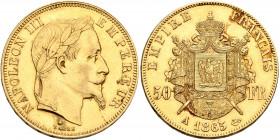 FRANCE, Second Empire. Napoléon III, 1852-1870. 50 Francs (Gold, 28 mm, 16.21 g, 6 h), Paris, 1865. NAPOLEON III EMPEREUR Laureate head of Napoléon II...