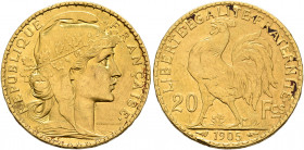 FRANCE, Troisième République. 1875-1940. 20 Francs (Gold, 21 mm, 6.44 g, 6 h), Paris, 1905. Head of Marianne to right, wearing Liberty cap and wreath....
