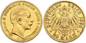 GERMANY. Kaiserreich. Wilhelm II, 1888-1918. 20 Mark (Gold, 22.5 mm, 7.99 g, 12 h), Berlin, 1894 A. Bare head of Wilhelm II to right. Rev. Crowned eag...