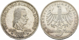 GERMANY. Bundesrepublik Deutschland. 1949-present. 5 Deutsche Mark (Silver, 29 mm, 11.23 g, 12 h), on the 150th anniversary of Schiller's death, 1955....