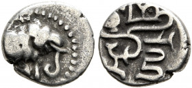 INDIA, Medieval. Chalukyas of Gujarat. Rana Hastin, circa 900-1000. Damma (Silver, 9 mm, 0.50 g, 3 h). Elephant advancing right; around, dotted border...