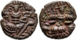 INDIA, Medieval. Hindu Rajas of Kashmir. Sangrama Deva, 1003-1028. Stater (Bronze, 20.5 mm, 6.32 g, 12 h). KALASHA RA (in Nagari) Goddess Lakshmi seat...