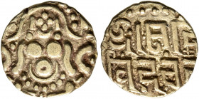 INDIA, Medieval. Gahadavalas of Kanauj. Govinda Chandra, 1114-1154. 1/4 Dinar (Gold, 12 mm, 1.00 g, 12 h). Goddess Lakshmi seated facing. Rev. SRIMAD ...
