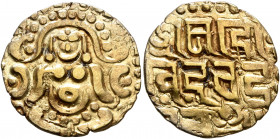 INDIA, Medieval. Gahadavalas of Kanauj. Govinda Chandra, 1114-1154. Dinar (Electrum, 21 mm, 3.80 g, 7 h). Goddess Lakshmi seated facing. Rev. SRIMAD G...