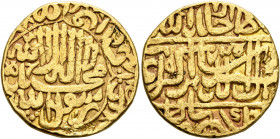 INDIA, Mughal Empire. Jalal al-Din Muhammad Akbar, 1556-1605. Mohur (Gold, 25 mm, 10.63 g, 3 h), citing Akbar as Jalal a-Din Muhammad Akbar Badshah Gh...