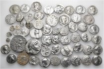 A lot containing 56 silver coins. Includes: Greek and Roman Imperial. Fine to very fine. LOT SOLD AS IS, NO RETURNS. 56 coins in lot.