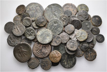 A lot containing 61 bronze coins. Mostly: Greek. Fine to about very fine. LOT SOLD AS IS, NO RETURNS. 61 coins in lot.