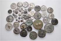A lot containing 43 silver and 13 bronze coins. Includes: Greek and Roman. Fine. LOT SOLD AS IS, NO RETURNS. 56 coins in lot.