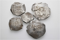A lot containing 5 silver coins. All: Spain. Fine to very fine. LOT SOLD AS IS, NO RETURNS. 5 coins in lot.