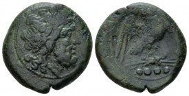 Frentani, Larinum Quadrunx circa 210-175, Æ 21.00 mm., 8.29 g.
Laureate head of Zeus r. Rev. Eagle standing r. on thunderbolt; four pellets below. SN...