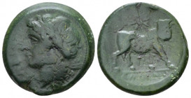 Campania , Cales Bronze circa 265-240, Æ 22.00 mm., 7.44 g.
Laureate head of Apollo l. Rev. Man-faced bull advancing r.; above, star. SNG ANS 183. Hi...