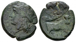 Campania , Suessa Bronze circa 265-240, Æ 21.00 mm., 5.99 g.
Laureate head of Apollo l. Rev. Man-faced bull advancing r.; above, flying Nike r, holdi...