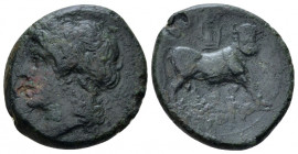 Campania , Teanum Sidicinum Bronze circa 265-240, Æ 22.00 mm., 6.25 g.
Laureate head of Apollo l. Rev. Man-faced bull advancing r.; above, lyre. SNG ...