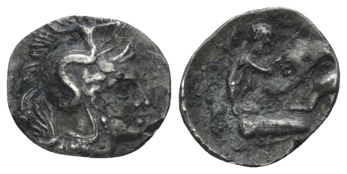 Calabria, Tarentum Diobol circa 325-280, AR 11.00 mm., 0.67 g.
Head of Athena r...