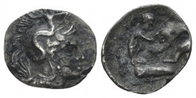 Calabria, Tarentum Diobol circa 325-280, AR 11.00 mm., 0.67 g.
Head of Athena r., wearing crested helmet decorated with Skylla. Rev. Heracles standin...