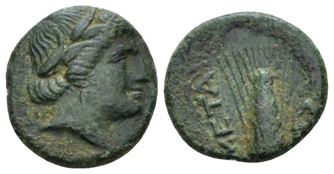 Lucania, Metapontum Bronze circa 300-250, Æ 14.00 mm., 2.56 g.
Wreathed head of...