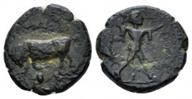 Lucania, Poseidonia Bronze circa 420-390, Æ 12.00 mm., 1.71 g.
Bull butting l. Rev. Poseidon advancing r., holding trident. SNG ANS 718, Grunauer III...