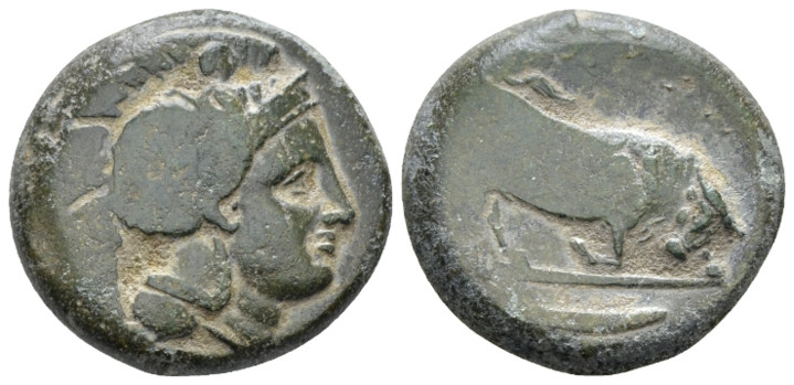 Lucania, Thurium Bronze circa 350-325, Æ 21.00 mm., 10.89 g.
Head of Athena r.,...