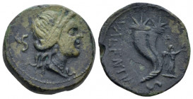 Bruttium, Hipponium as Vibo Valentia Semis After 193, Æ 19.00 mm., 5.15 g.
Diademed head of Juno r.; S behind. Rev. Double cornucopia; Nike and S to ...