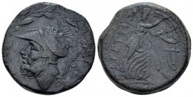 Bruttium, The Brettii Double Unit circa 208-209, Æ 25.00 mm., 16.03 g.
Head of Ares l., wearing crested Corinthian helmet; within wreath. Rev. Athena...