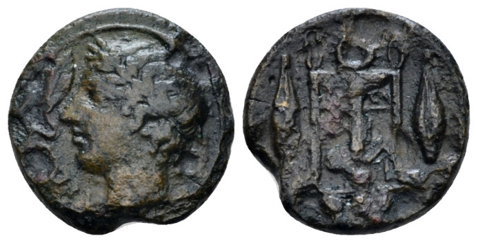 Sicily, Leontini Tetras circa 405-402, Æ 14.00 mm., 1.90 g.
Laureate youthful m...