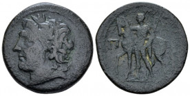 Sicily, Messana, Mamertini Pentonkion circa 220-200, Æ 26.00 mm., 10.73 g.
Laureate head of young Ares l. Rev. Horseman, holding a lance, standing be...