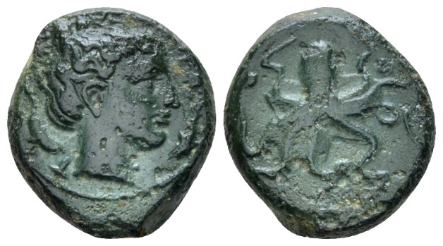 Sicily, Syracuse Trias circa 415-410, Æ 17.00 mm., 4.32 g.
Head of Arethusa r.;...
