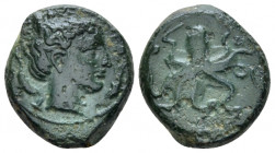 Sicily, Syracuse Trias circa 415-410, Æ 17.00 mm., 4.32 g.
Head of Arethusa r.; dolphins flanking. Rev. Octopus; three pellets around. Calciati 1.
...