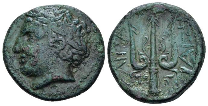 Island of Sicily, Lipara Bronze circa 304-252, Æ 21.00 mm., 6.74 g.
Laureate he...