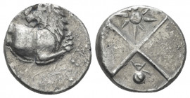 Thrace, Chersonessus Hemidrachm circa 357-320, AR 12.90 mm., 2.02 g.
Forepart of lion r., head l. Rev. Quadripartite incuse square with alternating r...