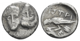 Moesia, Istros Diobol IV cent., AR 12.00 mm., 1.45 g.
Facing male heads, the r. inverted. Rev. Sea-eagle l., grasping dolphin with talons. SNG BM Bla...