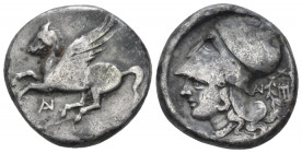 Acarnania, Anactorium Stater circa 350-300, AR 20.00 mm., 8.19 g.
Pegasus flying l., AN monogram below. Rev. Head of Athena l., wearing Corinthian he...