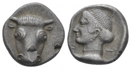 Phocis, Phocis Triobol V century, AR 15.00 mm., 2.87 g.
Bull's head facing. Rev. Head of Artemis l., within incuse square. Williams 241. BCD Lokris-P...