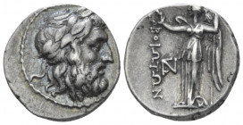 Boeotia, Thebes Drachm circa 197-146, AR 18.00 mm., 5.05 g.
Laureate head of Poseidon r. Rev. Nike standing l., holding wreath and trident; monogram ...