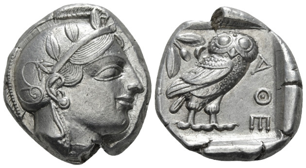 Attica, Athens Tetradrachm circa 450-445 BC, AR 23.00 mm., 17.15 g.
Head of Ath...