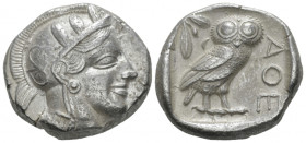 Attica, Athens Tetradrachm After 449, AR 24.00 mm., 17.15 g.
Head of Athena r., wearing Attic helmet decorated with olive leaves and palmette. Rev. O...