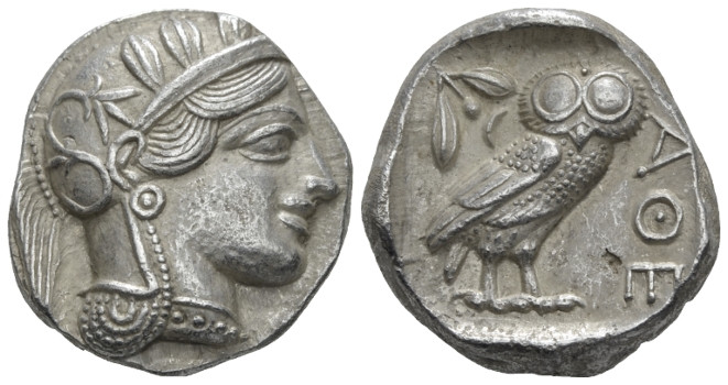 Attica, Athens Tetradrachm After 449, AR 24.00 mm., 17.16 g.
Head of Athena r.,...