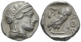 Attica, Athens Tetradrachm After 449, AR 24.00 mm., 17.16 g.
Head of Athena r., wearing Attic helmet decorated with olive leaves and palmette. Rev. O...