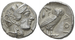 Attica, Athens Tetradrachm After 449, AR 25.00 mm., 17.18 g.
Head of Athena r., wearing Attic helmet decorated with olive wreath and palmette. Rev. O...