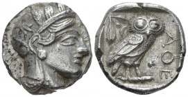 Attica, Athens Tetradrachm After 449, AR 25.00 mm., 17.17 g.
Head of Athena r., wearing Attic helmet decorated with olive leaves and palmette. Rev. O...