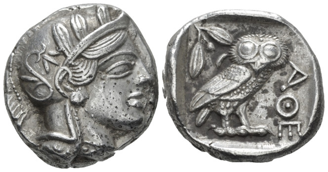 Attica, Athens Tetradrachm circa 420-410, AR 25.00 mm., 17.20 g.
Head of Athena...