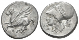 Corinthia, Corinth Stater circa 350-285, AR 20.00 mm., 8.30 g.
Pegasus flying l. Rev. Head of Athena r., wearing Corinthian helmet with neck guard an...