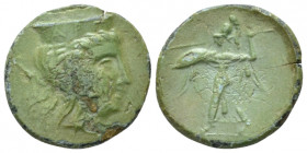 Argolis, Argos Dichalkon circa 280-260, Æ 18.00 mm., 3.37 g.
Head of Hera r., wearing stephane inscribed APΓE. Rev. Athena Promachos l. SNG Copenhage...