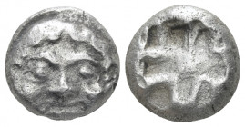 Mysia, Parion Drachm V century, AR 11.90 mm., 3.48 g.
Facing gorgoneion, with mouth open and tongue protruding. Rev. Rough square incuse. SNG France ...