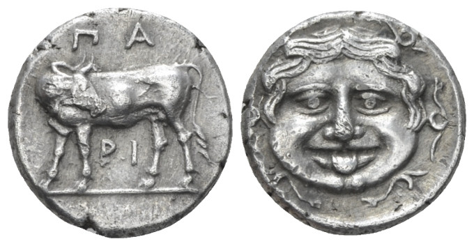 Mysia, Parion Hemidrachm IV century BC, AR 14.00 mm., 2.47 g.
Cow standing l., ...